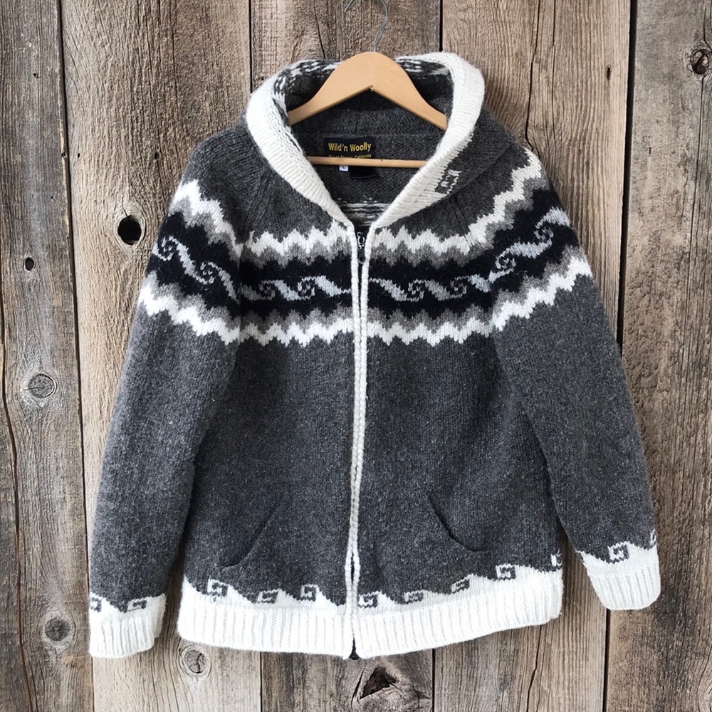 VTG 90s Wild'n Woolly Fair Isle Pattern Zip Up Hooded Cardigan Sweater, M-L - Picture 1 of 7